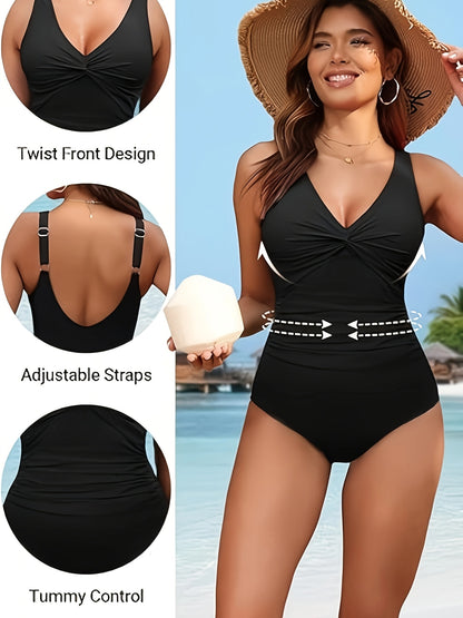 Solid Color Backless One-Piece Swimsuit with Tummy Control