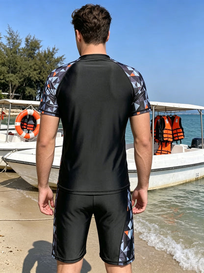 Men's Quick-Dry Colorblock Tropical Print Swim Set