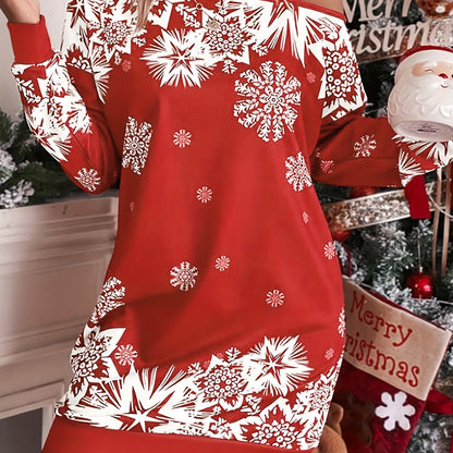 Women'S Elegant Off-Shoulder Red & Snowflake Print Winter Dress with Puff Sleeve & Round Neck - Long Sleeve Party Dress for Christmas, New Year'S Eve, Winter Events - Machine Washable, Christmas Dress, Festive Attire, Offshou