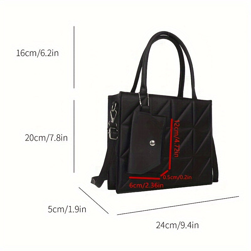 Quilted Square Crossbody Bag for Women - Synthetic Leather Work Bag with Detachable Coin Purse, Geometric Quilted Design, Adjustable Strap & Golden-Tone Hardware, Black Office Commute Bag for College Students & Professionals,