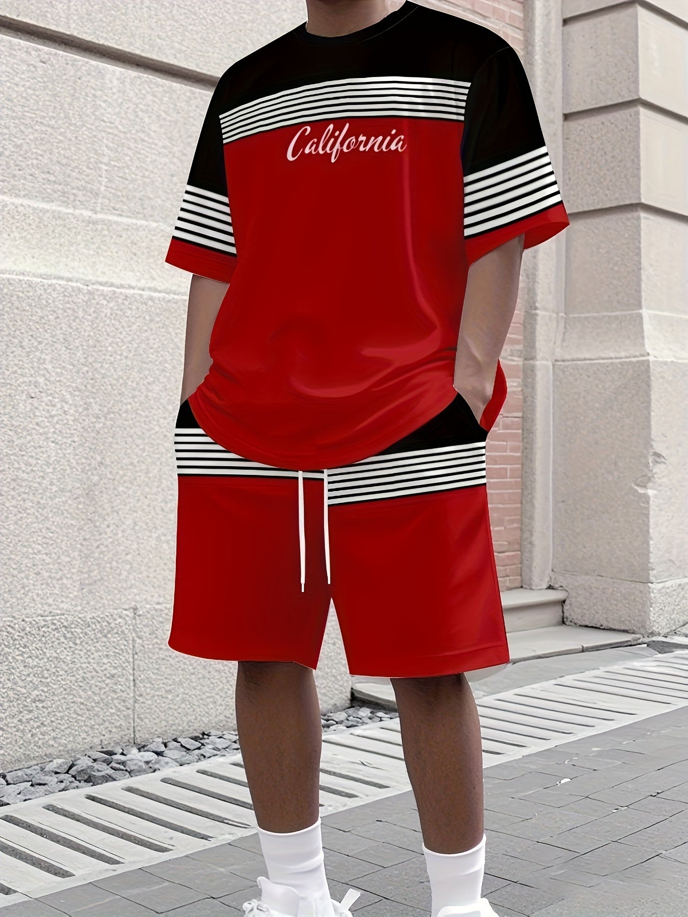 Men'S Athletic T-Shirt & Shorts Set - California Graphic, Blue & White, Drawstring Waist, Summer Sportswear, Regular Fit, Adult Exercise Gear, Athletic Apparel | California Design | Knit Constructio