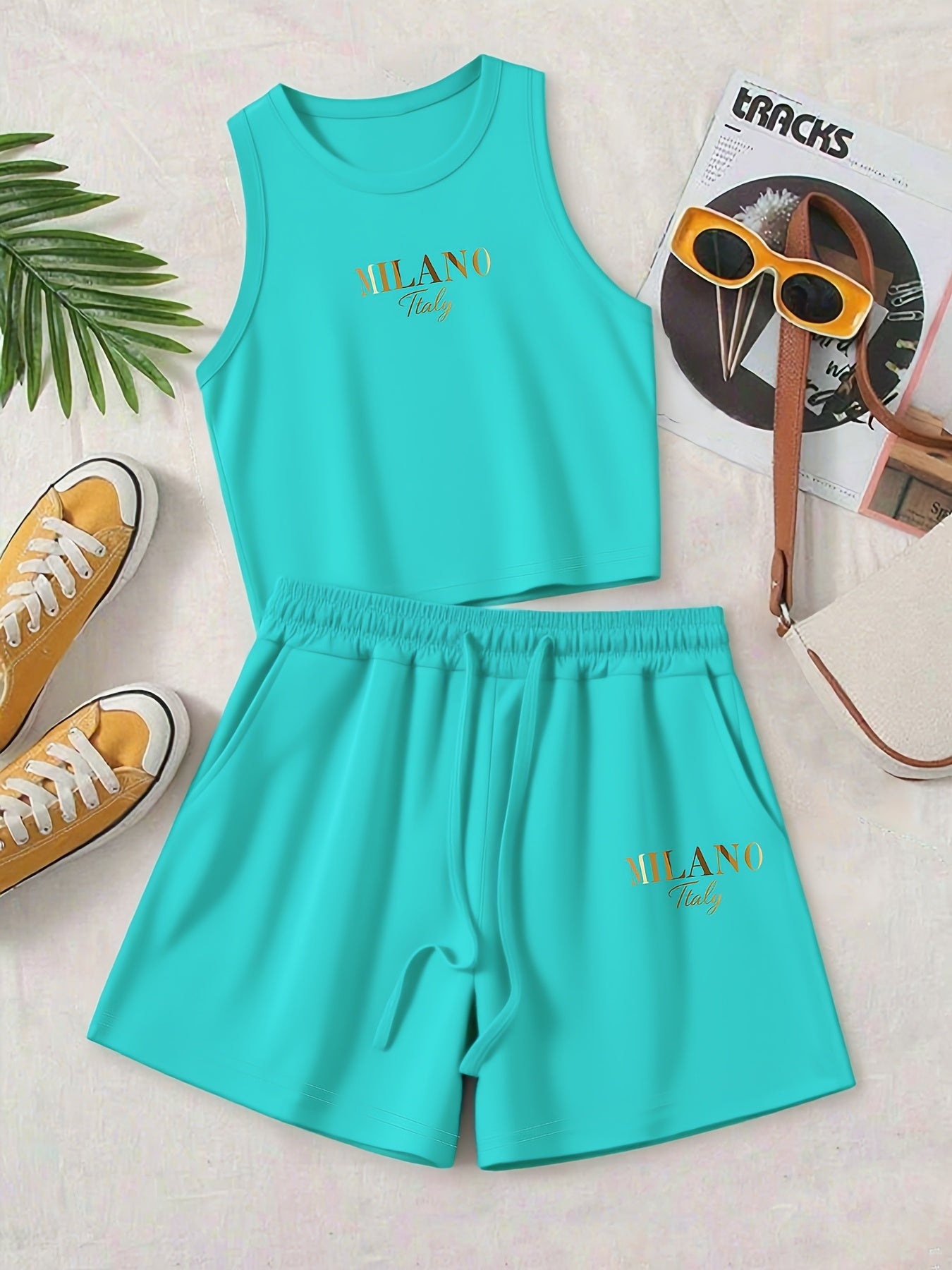 Casual Women’s Two-Piece Suit with Graphic Print Vest & Shorts