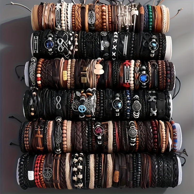 4/18/36pcs Vintage Fashion Faux Leather Bracelet Western Punk Style Beaded Wristband, Handwoven DIY Random Styles