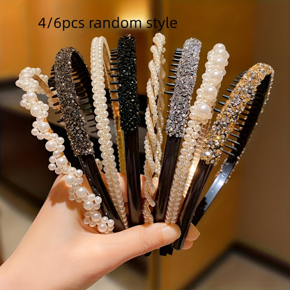 Boho Pearl & Rhinestone Headbands - Set of 4 or 6 for Women