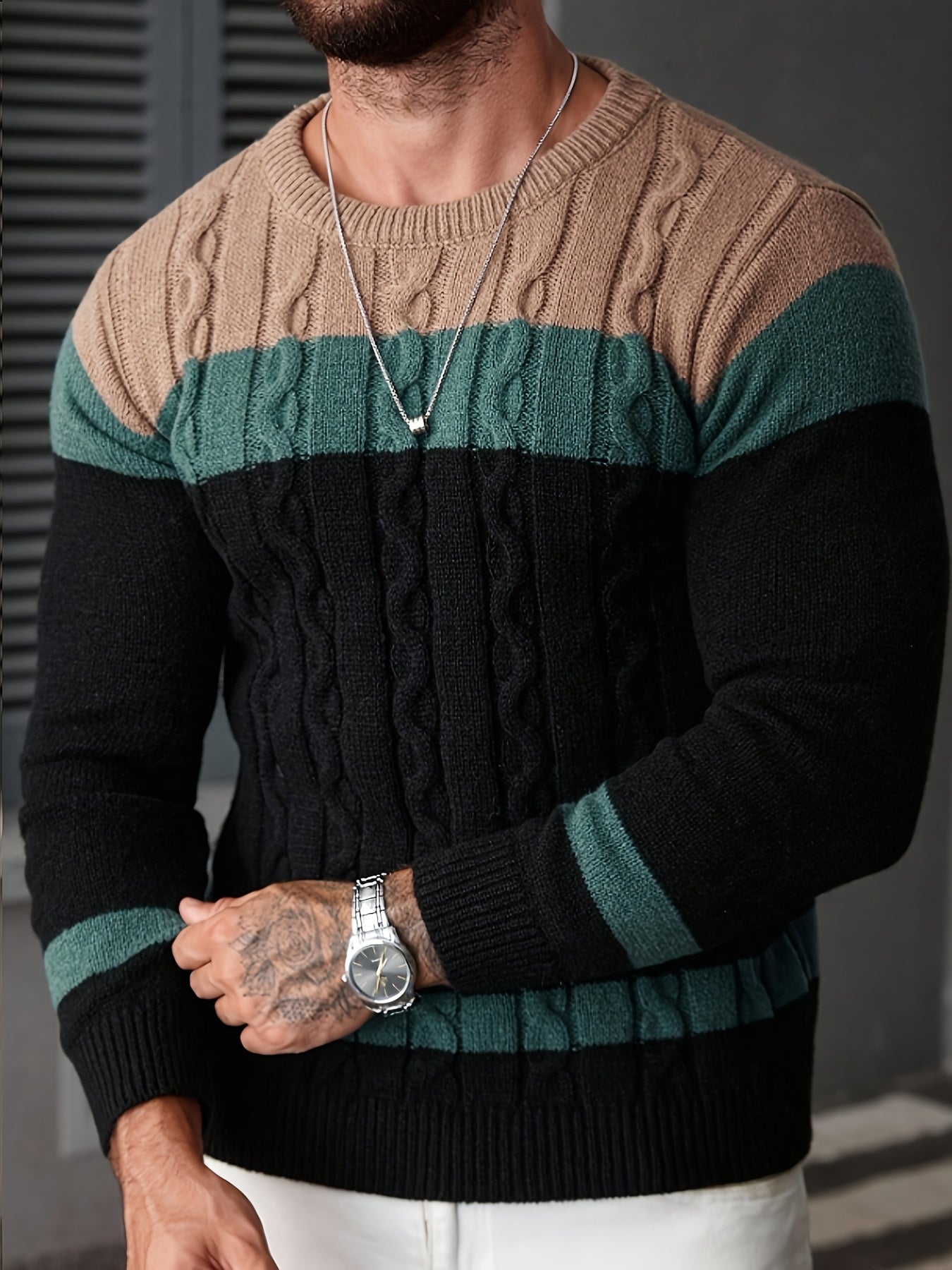 Men's Color-blocked Tweed Knitted Sweater, Round-neck Long-sleeved Knitted Color-blocked Light Gray for Business and Casual Outings