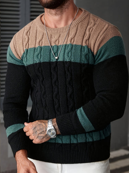 Men's Color-blocked Tweed Knitted Sweater, Round-neck Long-sleeved Knitted Color-blocked Light Gray for Business and Casual Outings