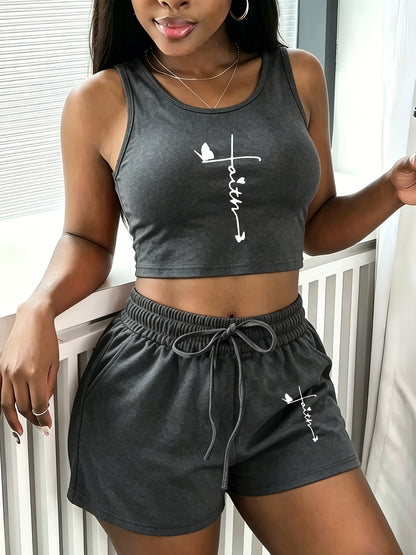 Women's Casual Printed Sleeveless Vest and Loose Shorts Set
