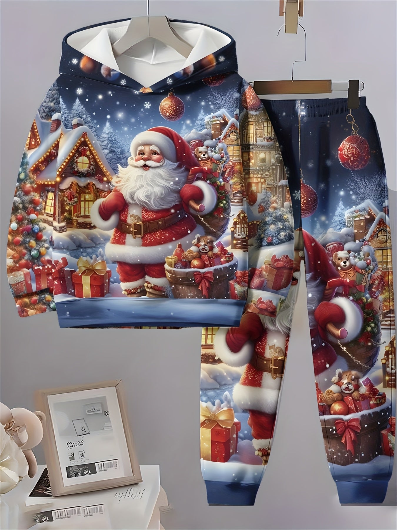 Boys' Digital Print Hooded Sweatshirt and Sweatpants Set - Christmas Hooded Pullover and Long Pants Two-Piece Set, Perfect for Outdoor