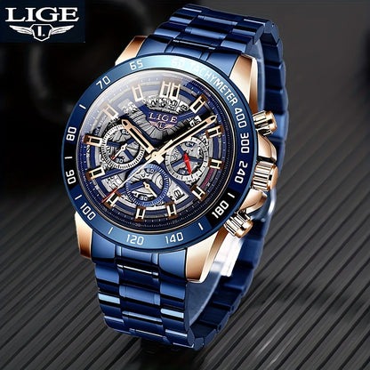 LIGE Watch, Fashion Teen Men's Watches, Multifunctional Stainless Steel Quartz Watches, Waterproof Watches, for Sports, College Various Scenes, Holiday Gifts, Party Gifts, Birthday Gifts, Black Blue Watches