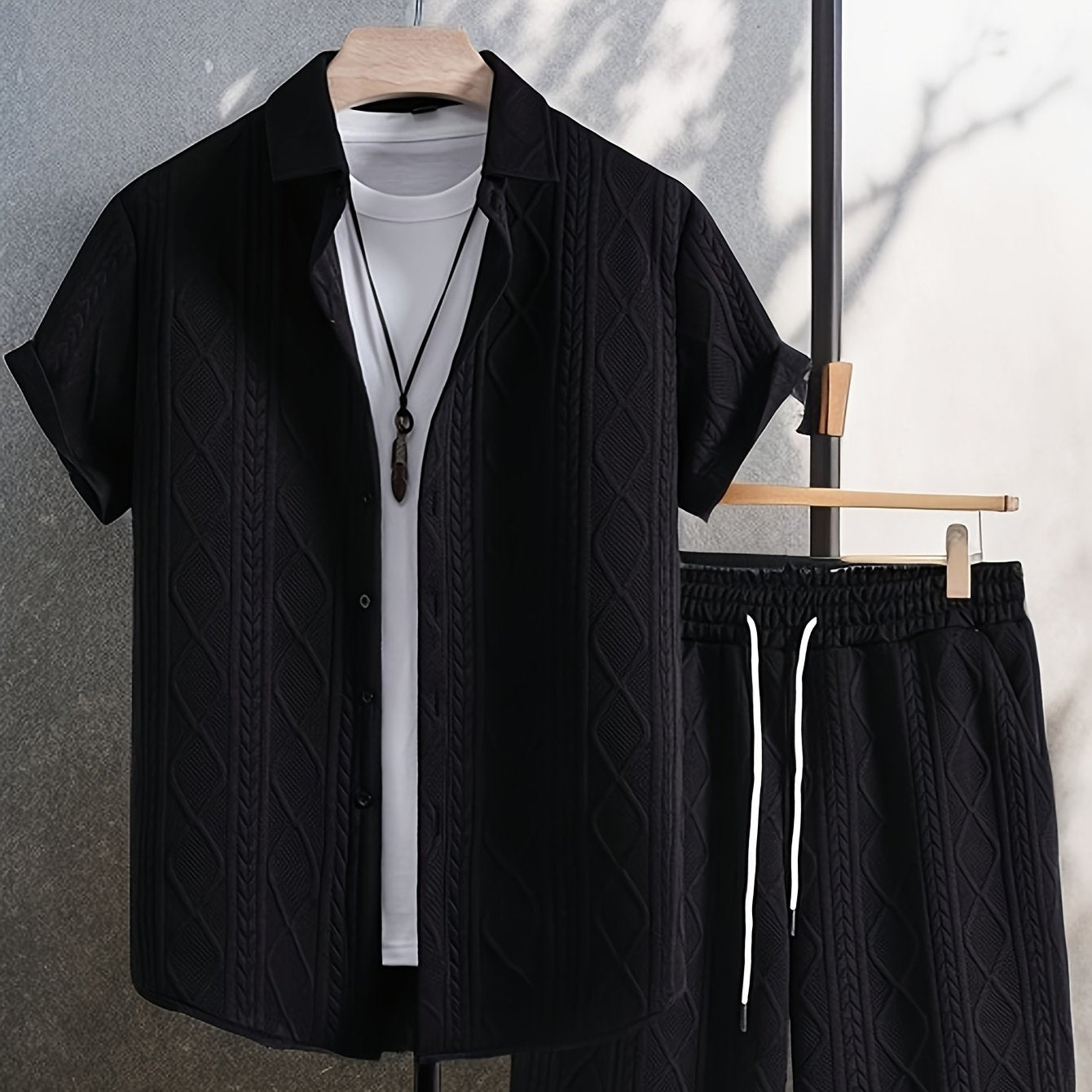 Men's Set Shirt Short Sleeve Shorts Thick Solid Color Knit Jacquard Casual Comfort High-Quality Two-Piece Set