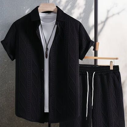 Men's Set Shirt Short Sleeve Shorts Thick Solid Color Knit Jacquard Casual Comfort High-Quality Two-Piece Set