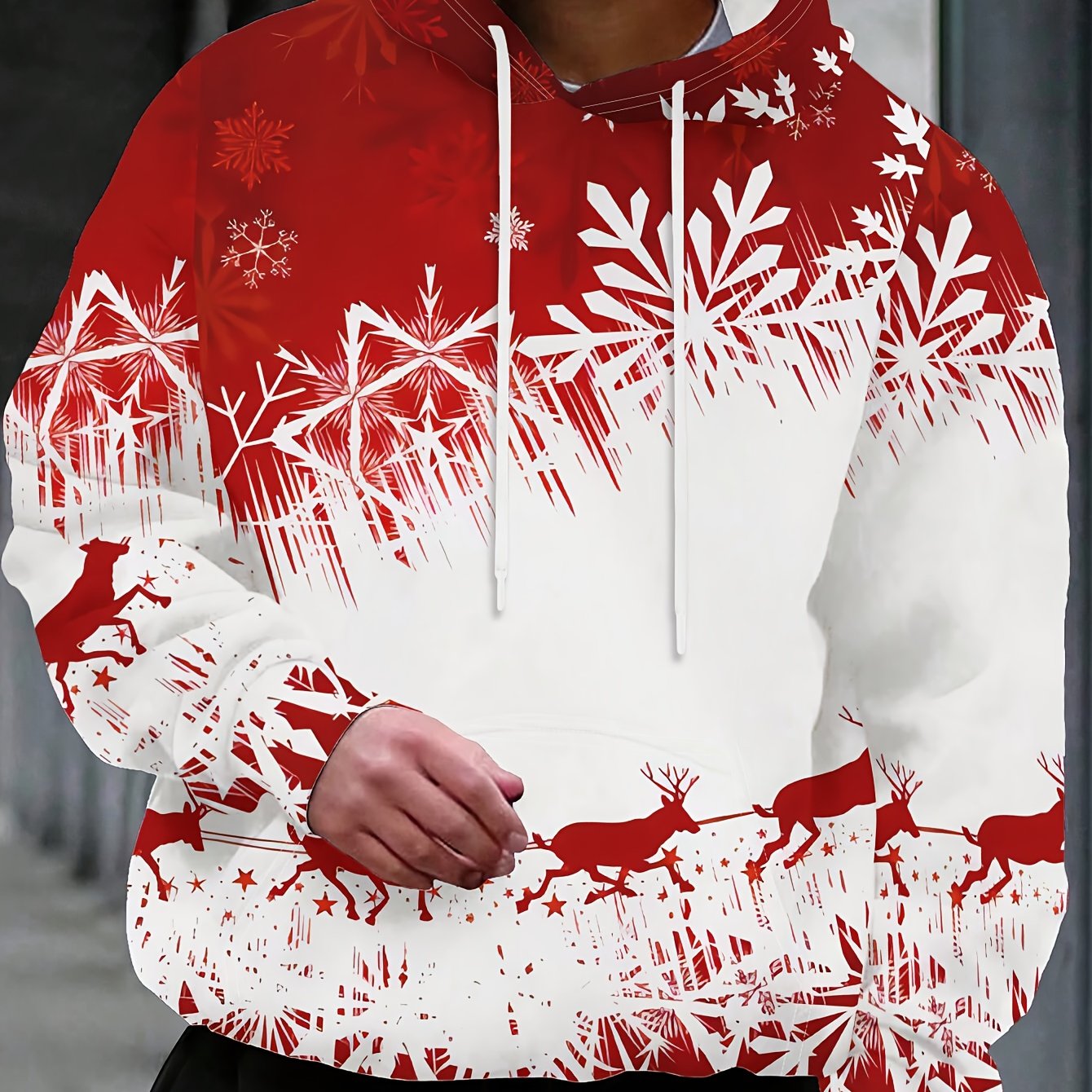 Men's Winter Red & Black Snowflake Print Hooded Sweatshirt - 100% Polyester Casual Pullover Sweater with White Piping, Relaxed Fit for Christmas & New Year's Eve Parties, Machine Washable Spring/Fall Layering Essential (Men's