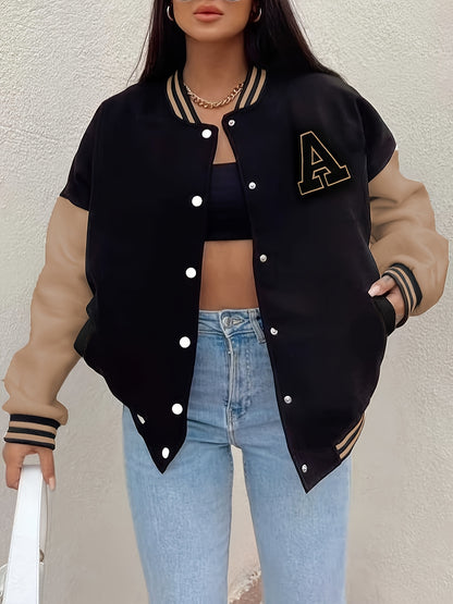 Women'S Casual Long Sleeve Baseball Jacket with "A" Letter Detail - Black & Beige Two-Tone Design, Button-Up Front, Flap Pockets, Fall/Winter Fashion Outerwear, Autumn Winter Apparel | Buttonup Jacket | Functional Pockets