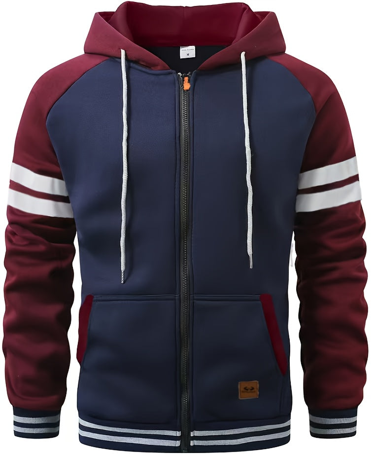 Men's 2025 Autumn East New Zipper Hoodie - Black & Grey Color-Block Contrast with White Piping, Full-Zip Closure, Chest Pocket & Adjustable Hood, Casual Streetwear for Teen Boys & Young Men, Durable Everyday Outerwear