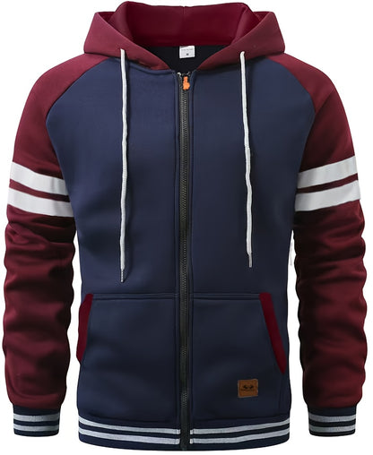 Men's 2025 Autumn East New Zipper Hoodie - Black & Grey Color-Block Contrast with White Piping, Full-Zip Closure, Chest Pocket & Adjustable Hood, Casual Streetwear for Teen Boys & Young Men, Durable Everyday Outerwear