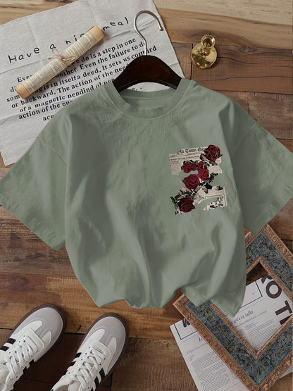 Women's Vintage Double-Sided Print Cotton T-Shirt, Casual Summer Top
