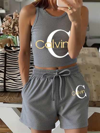 Women's Casual Two-Piece Set with Graphic Print Vest & Shorts