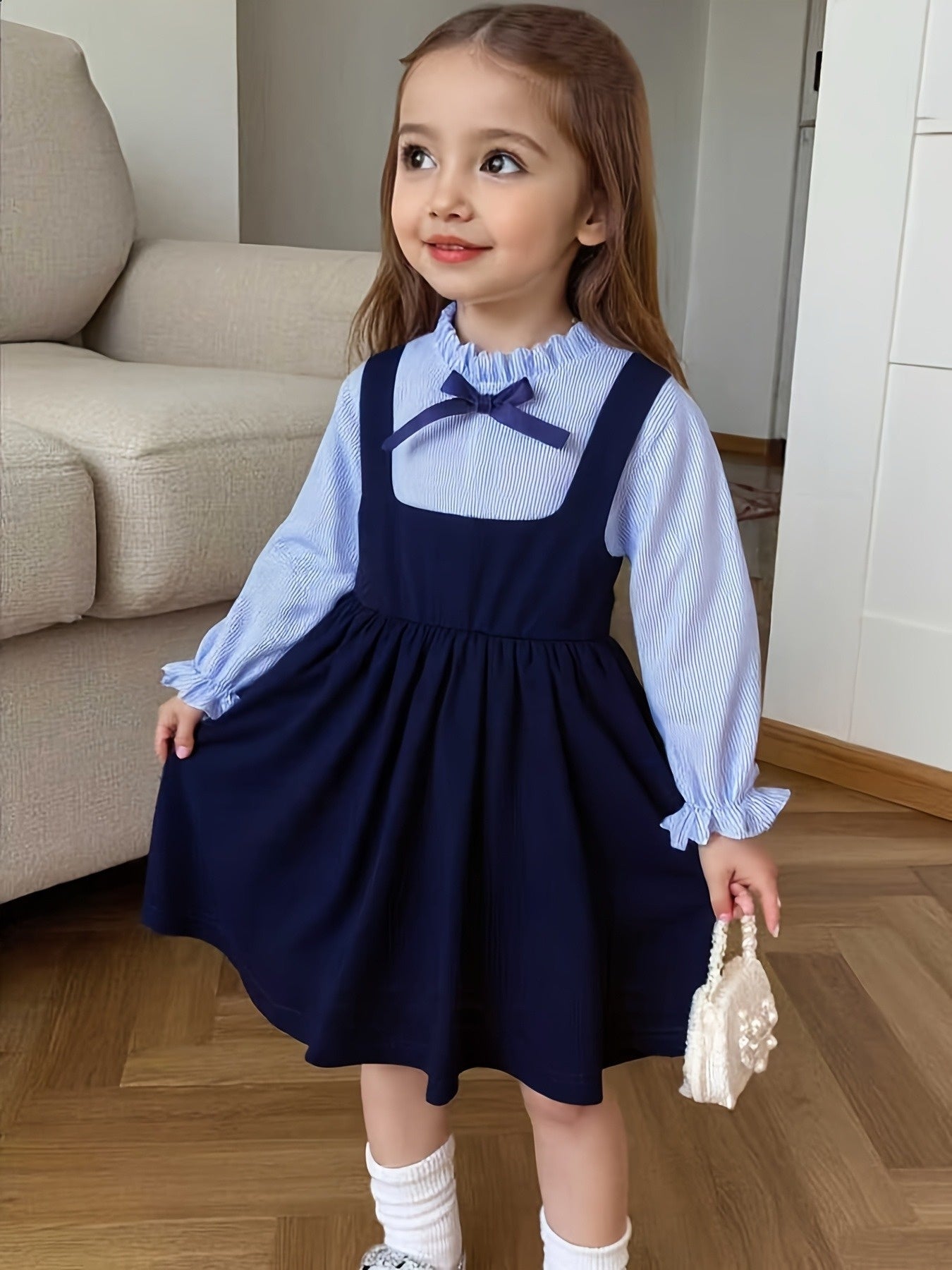 Preppy Stripe Bow Tie-Front Dress for Girls 12 and Under