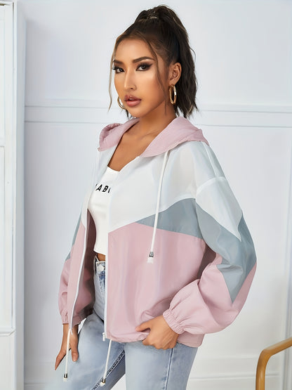 Fashionable dropped-shoulder hooded color-block sun-protective jacket with zipper and drawstring