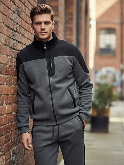 New Autumn And Winter Men'S Plush Zip-Up Color-Blocking Pocket Stand Collar Jacket And Long Pants Set, Stylish High Street Men'S Two-Piece Outfit