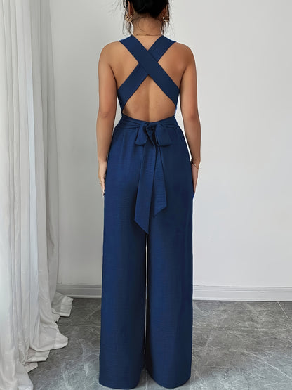 Elegant Women’s V-Neck Polyester Jumpsuit with Belt and Wide Legs