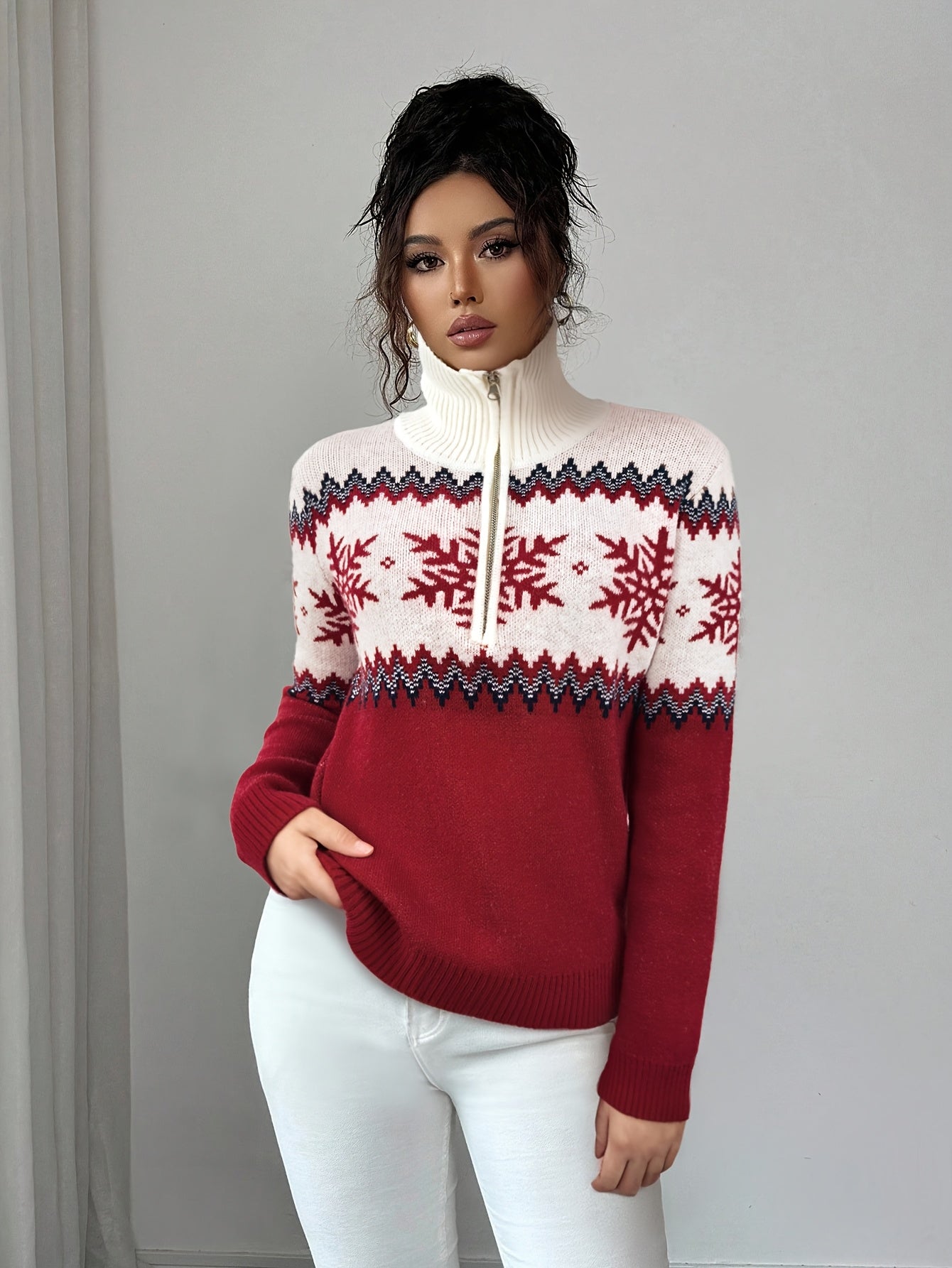 2025 Autumn/Winter New Holiday Snowflake Sweater for Women, Half-Zip High Neck, Zigzag Stripes, Comfortable Light Beige-Friendly Non-Irritating High-Quality Warm Fashion Holiday Top for Christmas, Black Friday, New Year