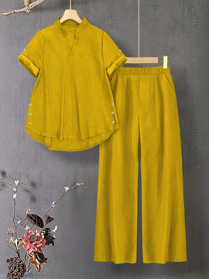Women's Casual V-Neck Top & Elastic Waist Pants Set