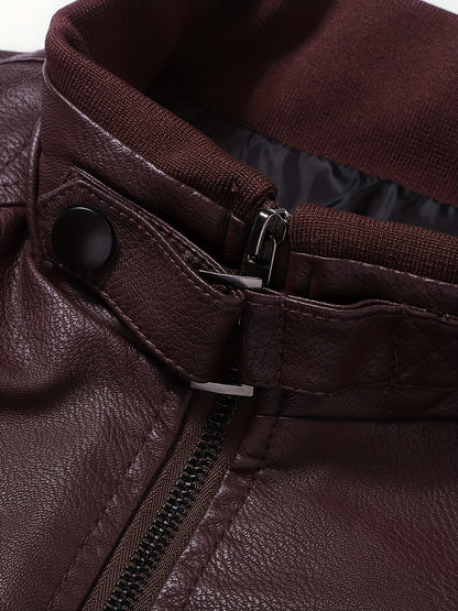 Men's Stylish Burgundy Jacket - Fall/Winter Trendy Stand Collar Biker Jacket with Multiple Zippered Pockets, Casual Design for Casual Attire, Fall Jacket | Modern Casual Jacket | Glossy Finish Jacket