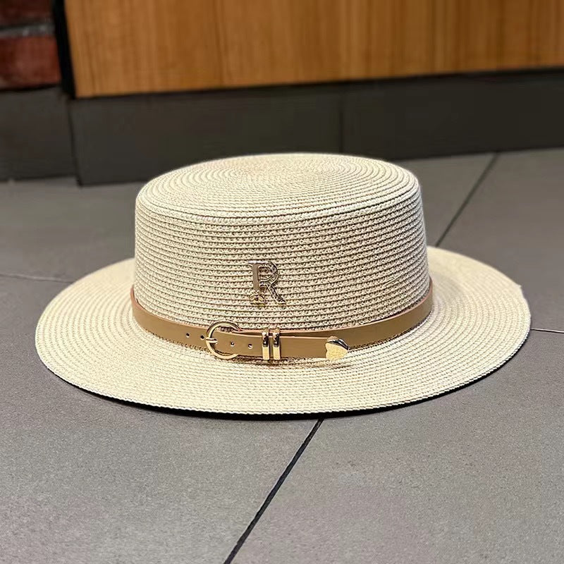 Women's Summer Straw Sun Hat with French Belt - Retro Beach Style