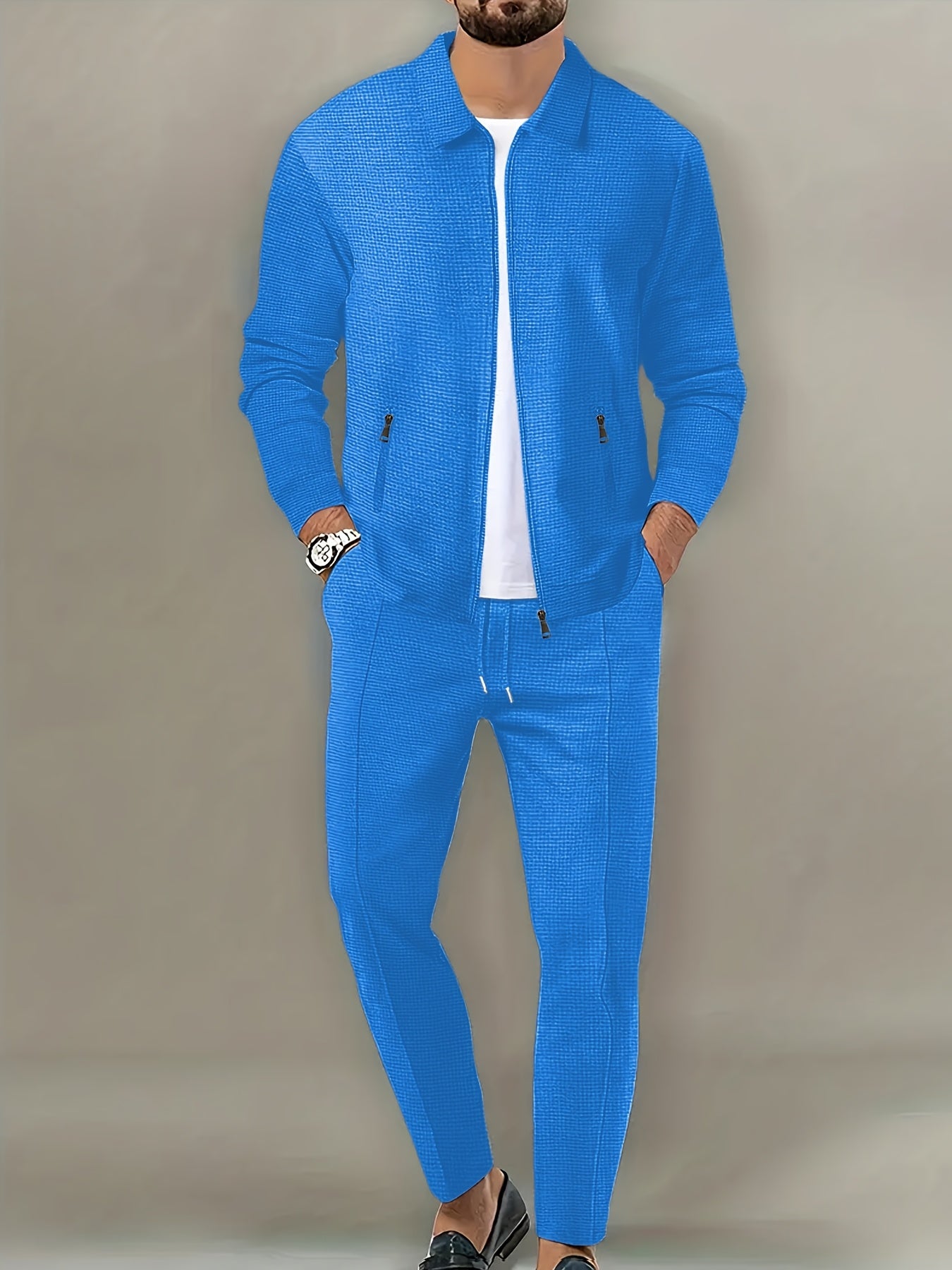 Men's Spring Waffle Knit Sportswear Set, European and American Style Casual Outfit