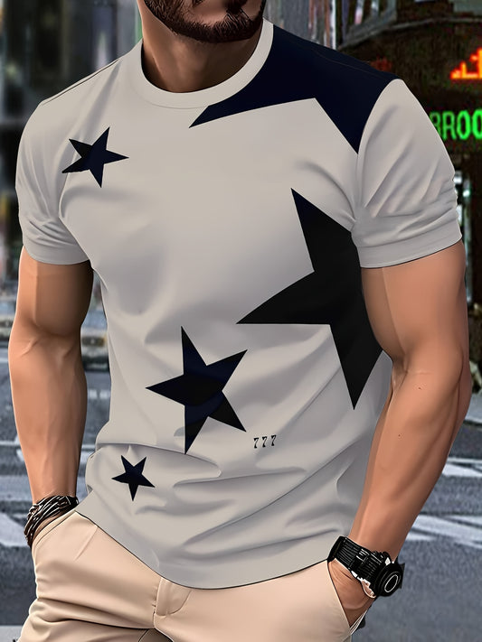3D Print Streetwear Graphic Tee - Casual Short Sleeve Crew Neck, Black  White Star Design with Bold "19.74meter Print, Lightweight Polyester Blend for Casual Attire, Streetwear Fashion   Bold Graphic Tee   Stretchy Fabric