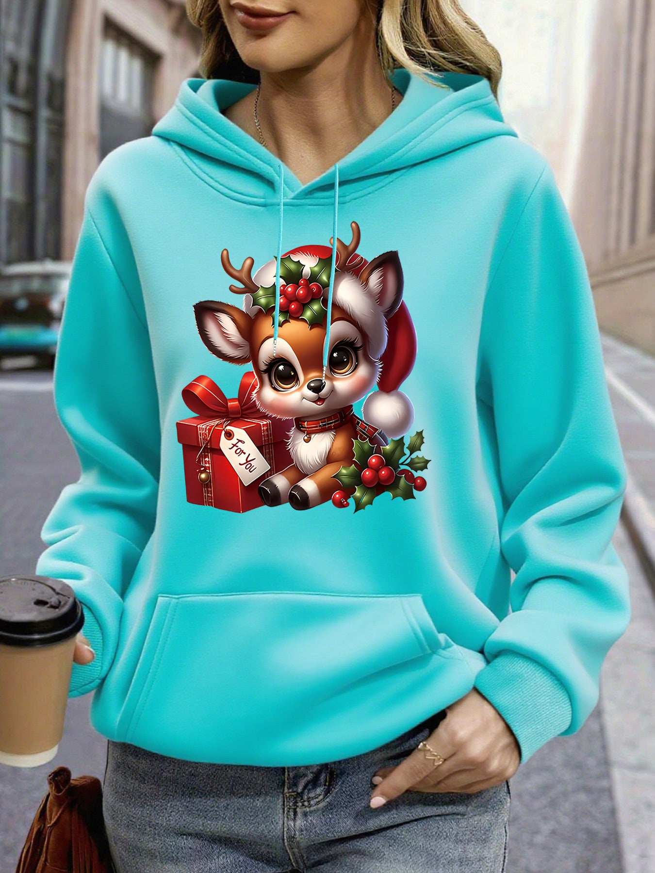 Women's Christmas Deer & Reindeer Print Hoodie - Cozy Winter Pullover Sweatshirt with Cute Deer Headband-Like Hood, Slim-Fit Casual Jacket for Holiday Parties, Xmas Outfits & Cold Weather (Machine Washable), Fall Clothes For