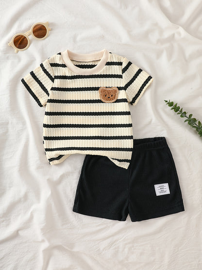 Baby Summer Striped Red White Set with Bear Plush Shorts - ayq