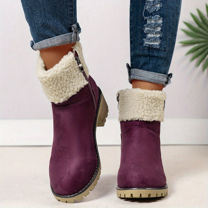 Chunky And Clssic Women'S Ankle Boots, Comfortable And Elegent Woemen Shoes. Warmth Khaki、Black And Beige Winter Women' Boots. Solid-Colored. Fleece-Lined Boots, Heighten And Non-Slip Lighhtweight Shoes with Cute Round Toe.
