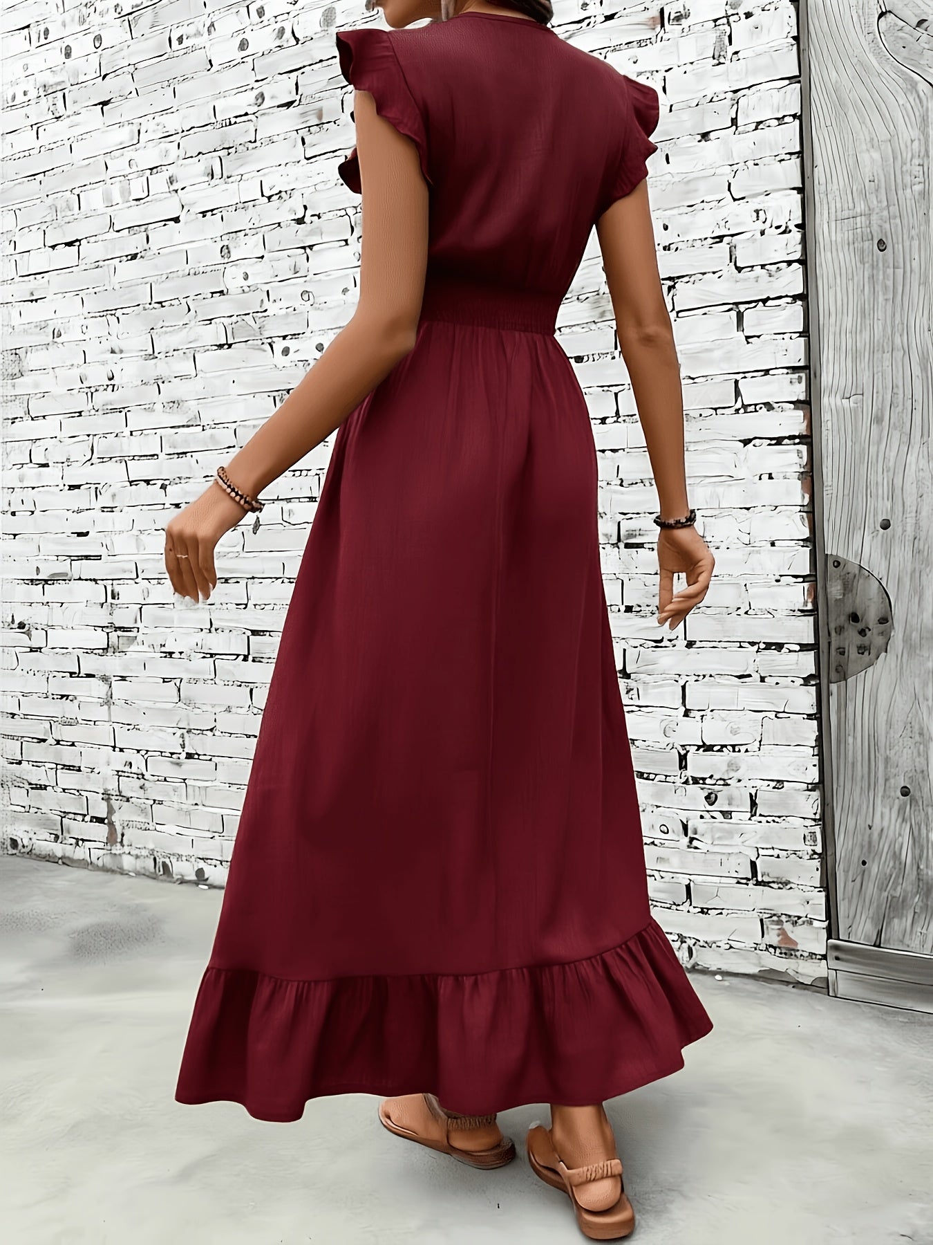 Women's Casual Waist-Cinching Maxi Dress with V-Neck
