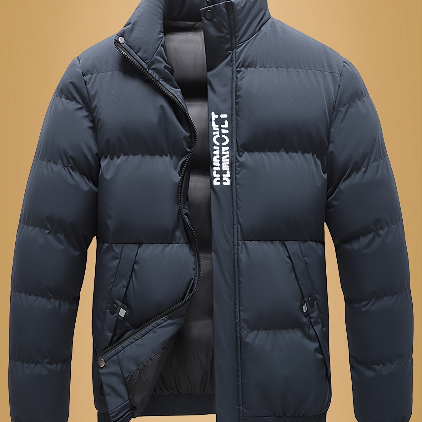 Men's Heavy-Duty Thermal Jacket - Winter Outerwear with Stand Collar & Full-Length Zipper Closure, Black/White Coat with Lettering - Machine Washable Cold Weather Jacket for Men (Casual & Formal) - Ideal for Skiing, Snowboard