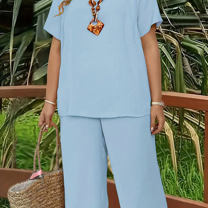 Women's Plus Size Suit, Elegant Solid Color Short Sleeve Top and Wide Leg Pants