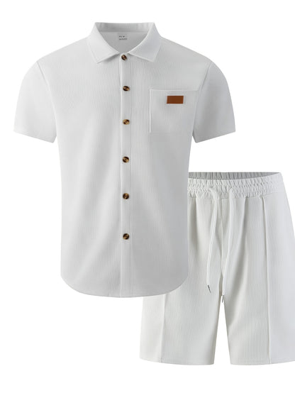 Men's 3-Piece Casual Waffle Knit Summer Set with Shirt & Shorts