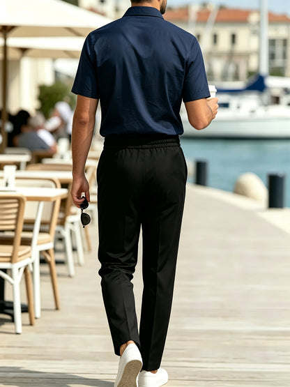 Men's Casual Lapel Short Sleeve Shirt & Elastic Waist Trousers Set