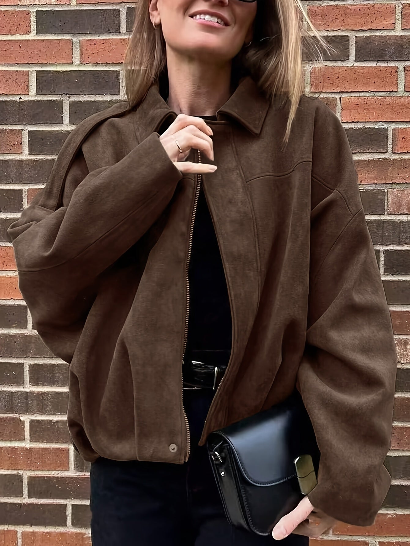 Women'S Vintage Bomber Jacket - Loose Fit Long Sleeve Zip-Up with Drop Shoulder Design, Brown Casual Outerwear for Fall/Winter, Non-Stretch Fabric, Perfect for Casual Attire, Autumn Winter Jacket | Vintage Bomber Style | Zipp