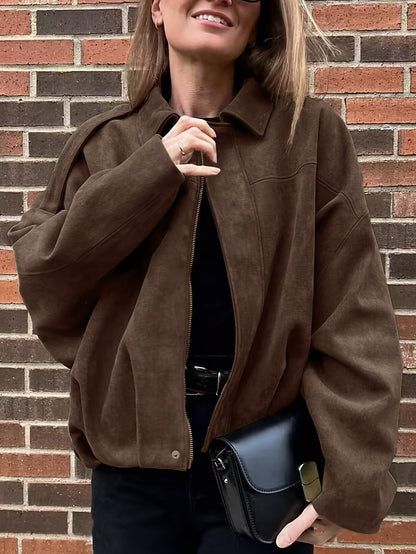 Women'S Vintage Bomber Jacket - Loose Fit Long Sleeve Zip-Up with Drop Shoulder Design, Brown Casual Outerwear for Fall/Winter, Non-Stretch Fabric, Perfect for Casual Attire, Autumn Winter Jacket | Vintage Bomber Style | Zipp