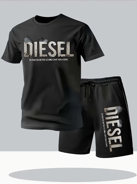 Summer Men'S Casual Sports Short Sleeve T-Shirt and Shorts Set, Comfortable Breathable, Suitable for Outdoor Jogging Running Fitness, Diesel Letter Print Design - 2pcs Set