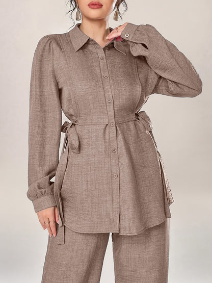 Stylish and Elegant Casual Two-Piece Women's Outfit with Side Tie Single-Breasted Shirt and Wide-Leg Pants for Office Wear