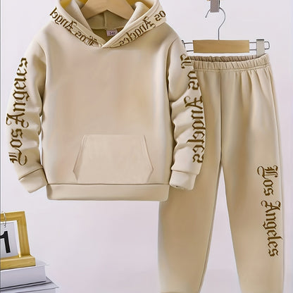 2pcs Boys' Casual Polyester Tracksuit Set, Los Angeles Alphabet Print, Medium Stretch Knit Fabric, Regular Fit, with Fleece-Lined Long Sleeve Hoodie and Joggers, for Daily & Outdoor Wear, Fall/Winter Warmth, for Outdoor
