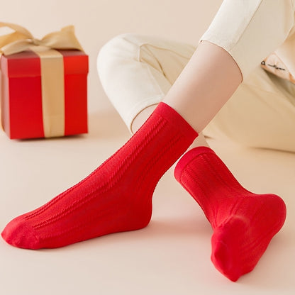 5 Pairs Women'S Red Socks with Intricate Embossed Patterns - Cozy Winter Socks for Fall & Winter, Soft & Durable, Solid Color Design, Perfect for Casual or Holiday Wear, Holiday Socks | Embossed Sock Design | Construction, Cu