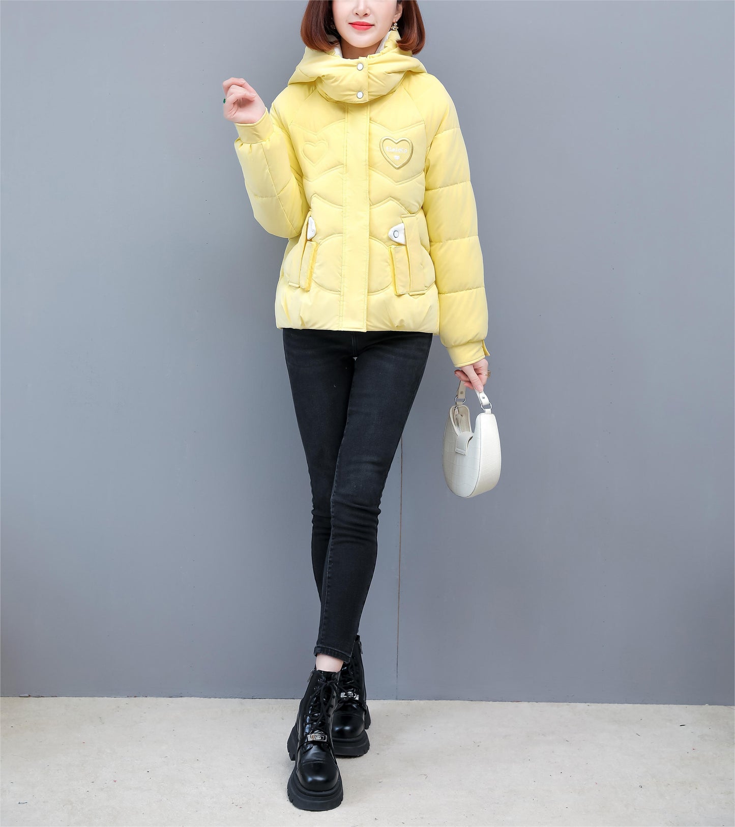 Women's Winter Hooded Jacket - Stylish Beige & White Zip-Up Coat with Heart Design, Warm Polyester Outerwear for Casual or Chic Looks, Winter Jacket