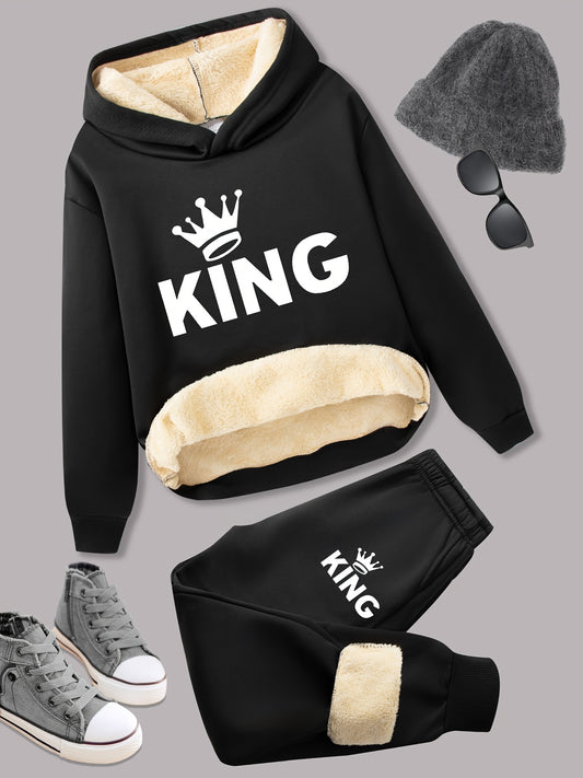 2pcs Boys' Fleece-Lined Thickened Warm Hoodie + Pants Set, Stylish Letter Print Winter Comfortable Sportswear Outfit for Kids Casual Leisurewear, Perfect for, Blanket Hoodie Kids