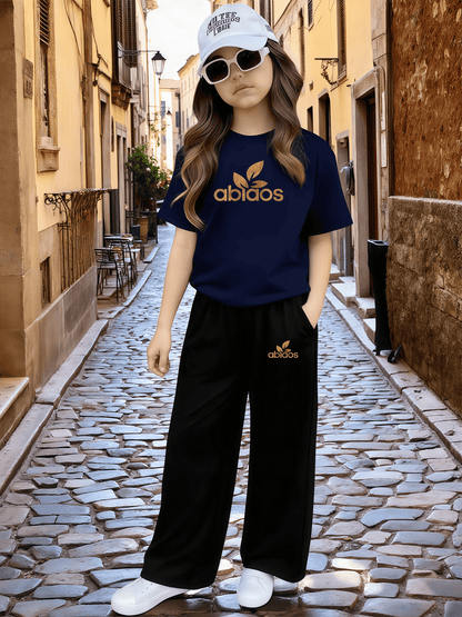 Girls Casual 2-Piece Summer Set: Printed T-Shirt & Wide Leg Pants