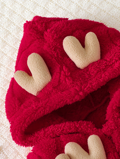 Boys & Winter Plush Hooded Romper Jumpsuit - Soft Zippered Full-Body Snow Suit with Antler, Machine Washable Warm Outfit for &, Cozy Red Baby Clothing, Perfect for Outdoor