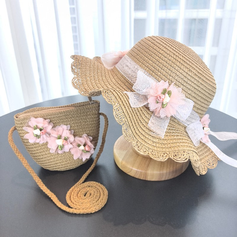Girls 2pcs Straw Sun Hats Lightweight Floral Fisherman Style